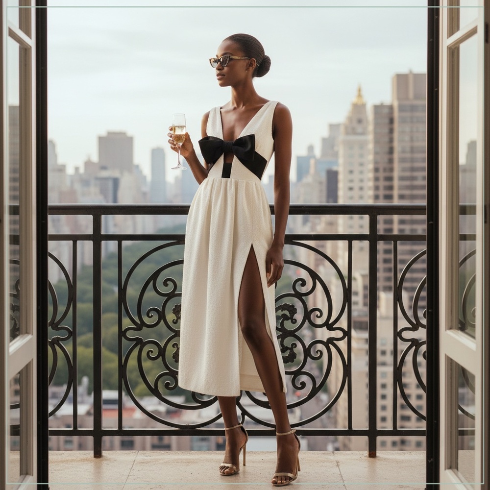 $2690 Carolina Herrera Bow Detail Cream Cotton Boucle Runway Midi Dress